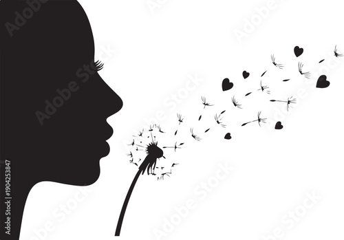 Girl blows dandelion with heart silhouette vector illustration