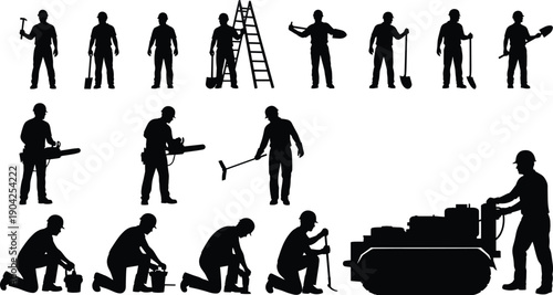 Set of Construction Worker Silhouettes, Featuring Industrial Laborers Using Tools, Shovels, Ladders, Chainsaws, Jackhammers, and Heavy Machinery for Building and Infrastructure Projects