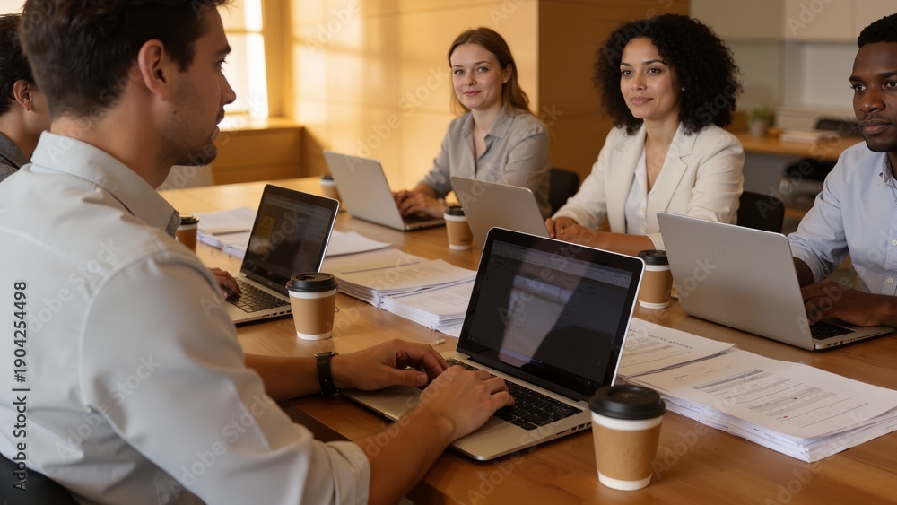 Obraz premium office workers at table with laptops
