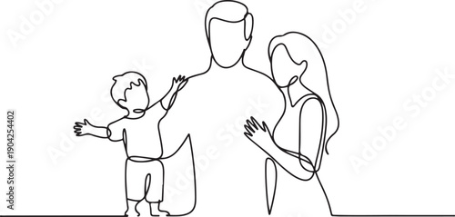 Happy family in continuous line art drawing style. United family portrait of parents and their little girl kid black linear sketch isolated on white background. Vector illustration