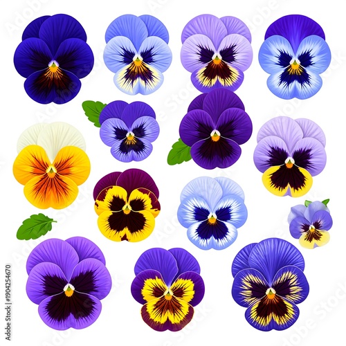 Colorful, diverse, and detailed illustrations of pansies against a clean, white backdrop