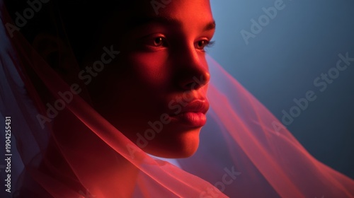 Close-up portrait of a young woman's face. the woman is facing the camera, with her head turned slightly to the side.
