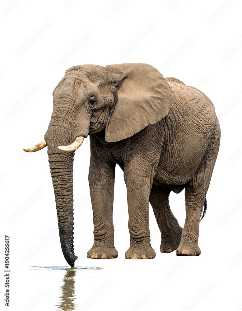 Fototapeta premium Large elephant stands with trunk in water, isolated on white background