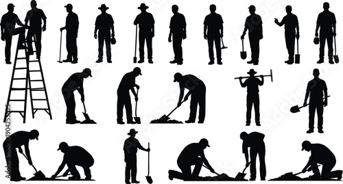 Black silhouettes of male workers using shovels and ladders, industrial laborers performing construction and gardening tasks for outdoor maintenance projects.