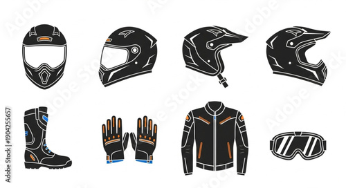 Motorcycle riding gear collection illustration.