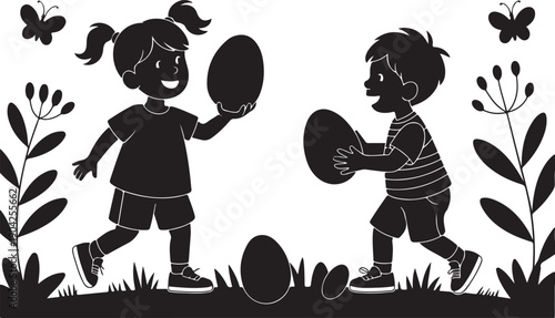 Kids hunting Easter eggs silhouette