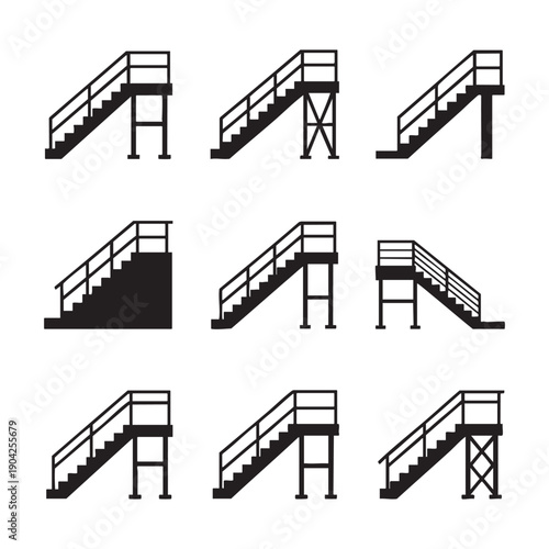 Nine black and white line of different types of staircases with railings and supports