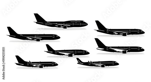 Multiple Black Airplane Silhouettes on a White Background.