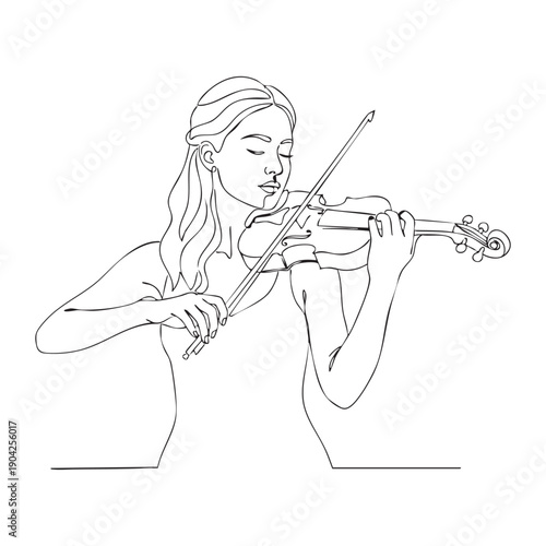 Woman playing violin with long hair and focused expression in line musician