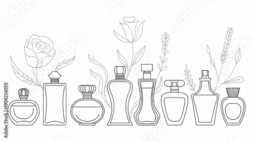 Collection of elegant perfume bottles with floral elements line art illustration for beauty and fragrance branding isolated on white background