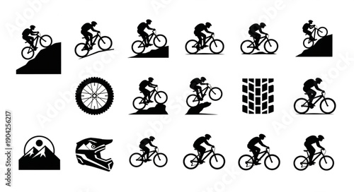 Mountain Biking Silhouette Icons and Symbols Collection.