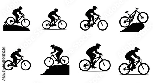 Mountain Biker Silhouettes Performing Various Actions and Jumps.