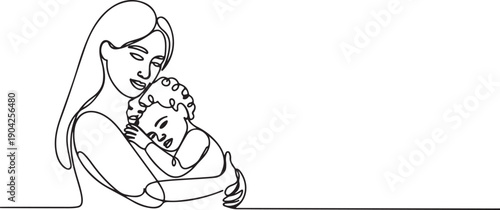 Mother and baby line art. Mom hugs child. Motherhood and newborn concept. Happy mother line vector illustration. Parent loving kid, happy mother day design for card