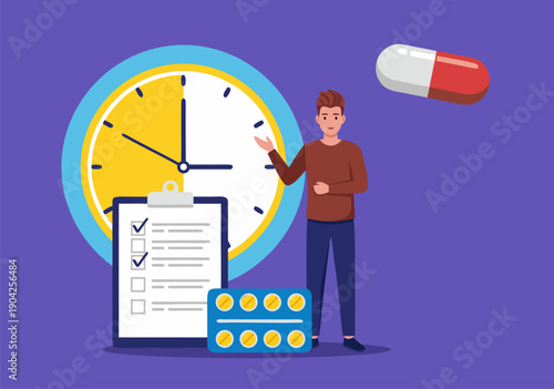 Man with Checklist and Clock, Medicine and Pill Pack - Health Concept Vector Illustration