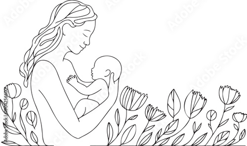 Mother and son line art vector illustration, mothers day celebration background