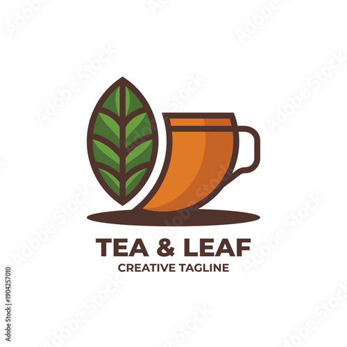 Tea and Leaf Logo with Cup and Green Leaf for Natural Beverage Brand Flat Vector Design