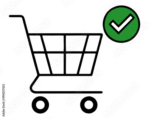 Shopping cart with check mark icon representing completed purchase and online checkout success