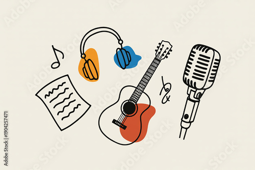 Acoustic guitar headphones and microphone illustration representing music creation and sound recording with musical notes and sheet music elements flat design concept