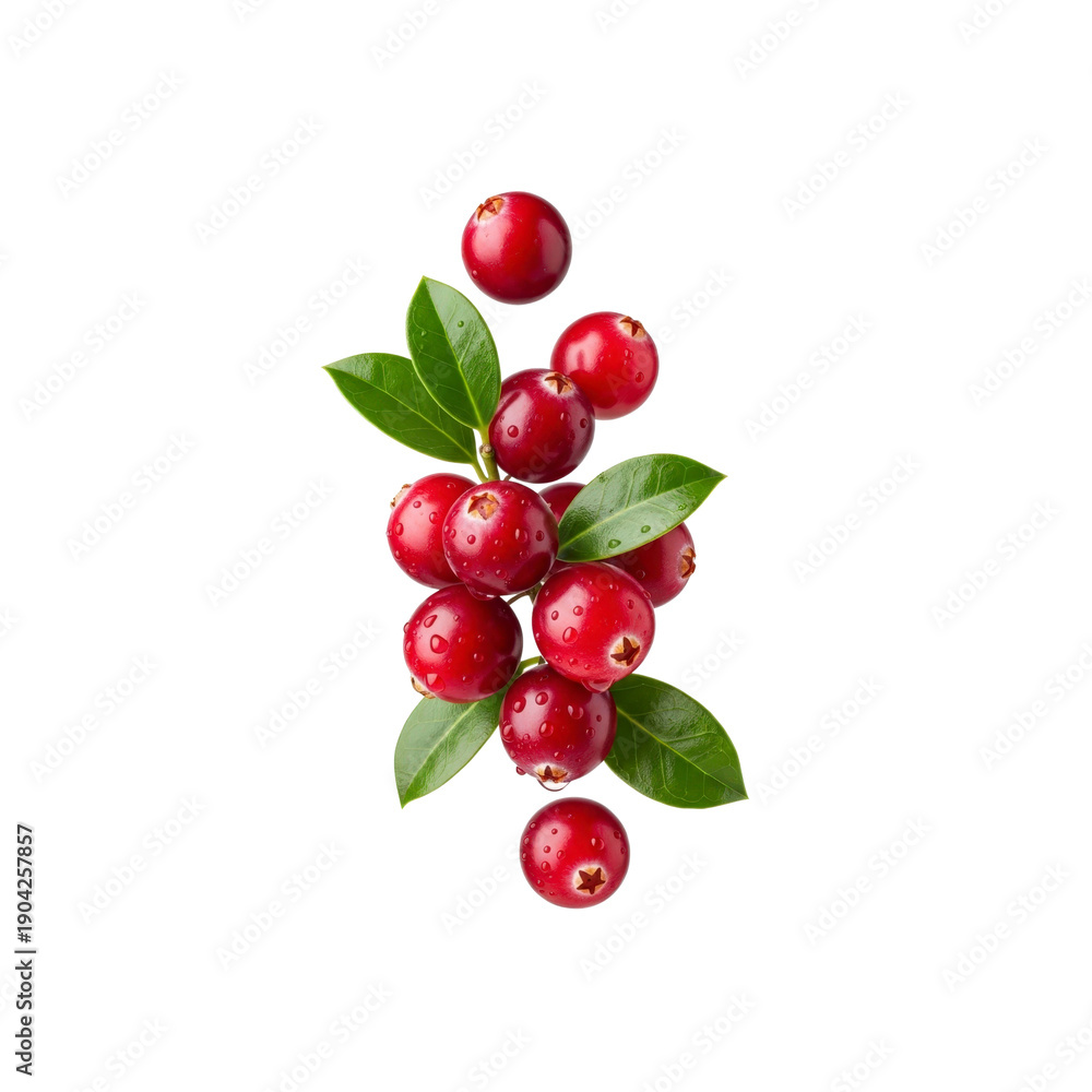 Obraz premium Fresh cranberries with water drops and green leaves