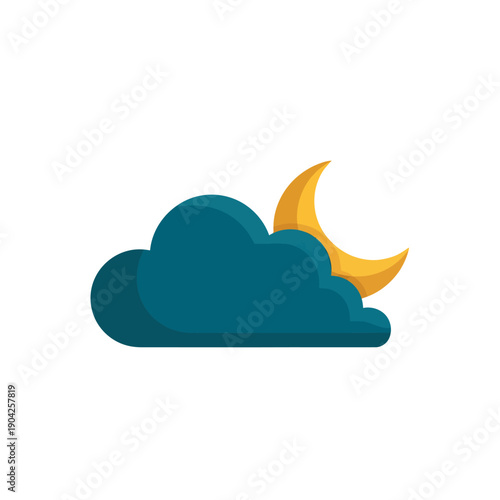 Simple illustration of a dark blue cloud partially obscuring a crescent moon on a white background