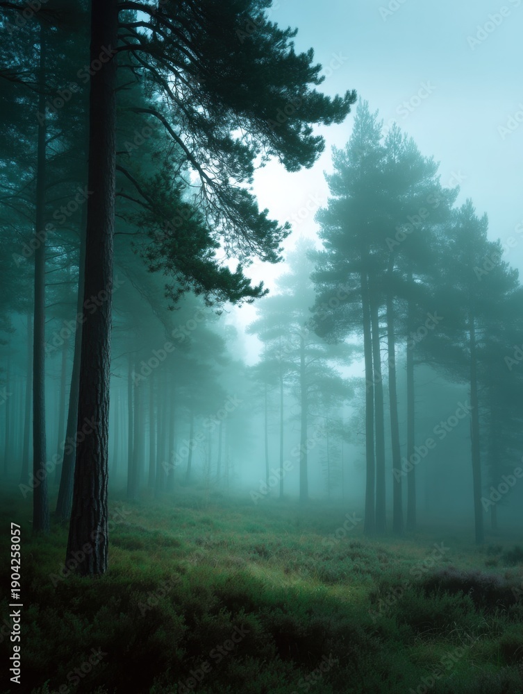 Obraz premium Landscape photograph of a foggy forest. the trees are tall and slender, with their trunks reaching up towards the sky.