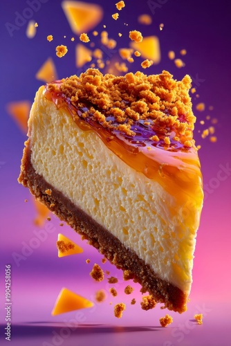 a slice of cheesecake with a golden brown glaze on top, floating in the air, surrounded by orange triangles and yellow crumbs, against a purple pink gradient background.