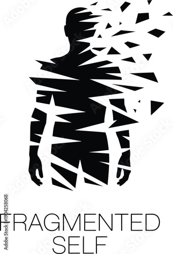 Black silhouette of a man breaking apart into geometric fragments disintegration