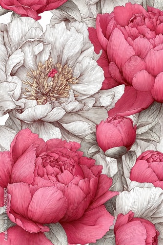 pink line art peonies seamless pattern, white background