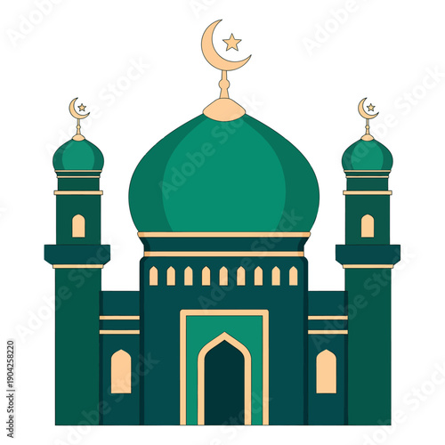 Stylized illustration of a mosque with green domes and minarets, featuring crescent moon and star symbols.