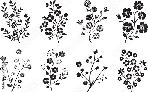 Sakura flowers on branches with leaves, Asian ornament for stencil. Black outline on a transparent background with isolated elements. Vector set