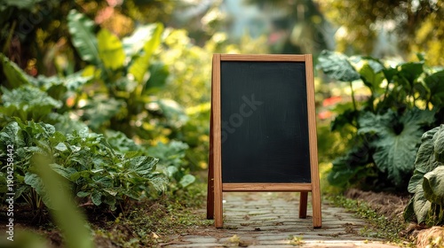 A blank chalkboard standing in a vegetable garden, blur of green plants