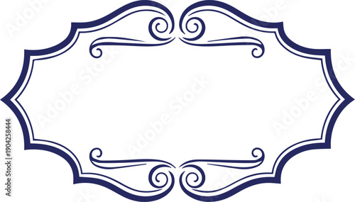 Vintage decorative navy blue label frame with scroll accents