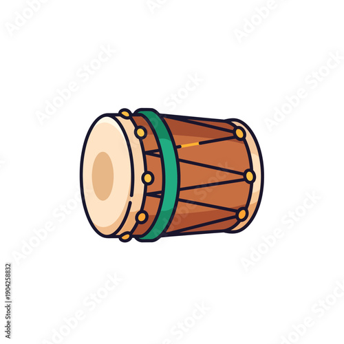 Cartoon illustration of a traditional Indian percussion drum, a Dholak, with brown body and green band on a white background.