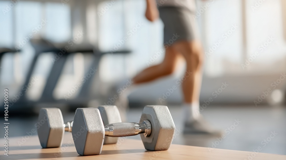 Fototapeta premium Close-Up of Dumbbells on a Table in a Modern Fitness Studio with a Runner in the Background