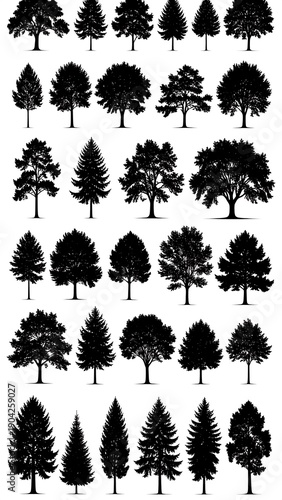 Wallpaper Mural Collection of various tree silhouettes, isolated on white background, in a vertical arrangement Torontodigital.ca