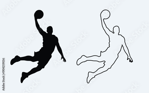 A black and white silhouette of a man jumping to dunk a basketball