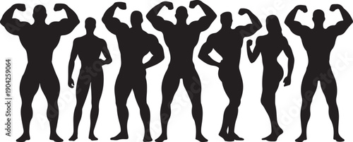Set of bodybuilders vector silhouettes. Posing muscular men and women