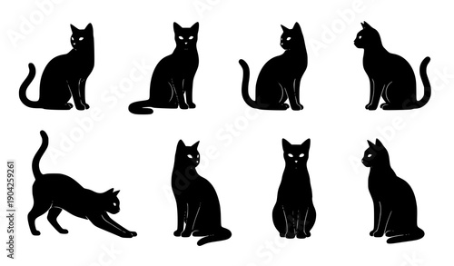 Title:
Black cat silhouette set with playful and dynamic feline poses for animal themed vector designs
