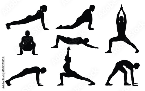 A group of people doing different yoga poses