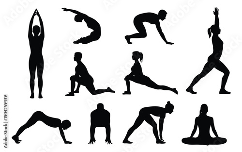 A set of ten black silhouettes of people practicing yoga