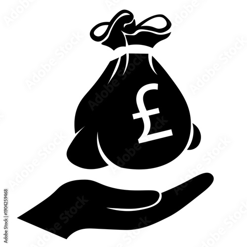  pound sterling (£) symbol  money bag  held by hand, Money Bag Profit Hand financial Business Cash trade, Wealth and financial savings, Financial transactions, banking, and investment concepts