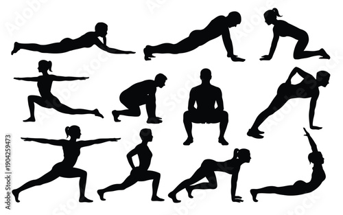 A group of people doing various yoga poses in silhouette