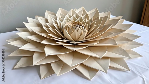 An intricately folded paper lotus flower displays layered petals and a unique sculptural form