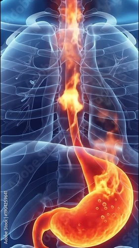 3d medical illustration of human digestive system with esophagus and stomach experiencing heartburn or acid reflux, suitable for health information, patient education, medical research.