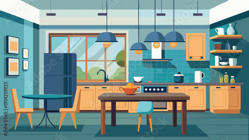 Cozy kitchen and dining area with modern decor and warm lighting Vector, illustration