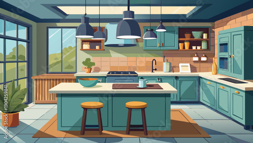 Modern kitchen with vibrant decor and cozy atmosphere for family gatherings isolated on white background, Vector