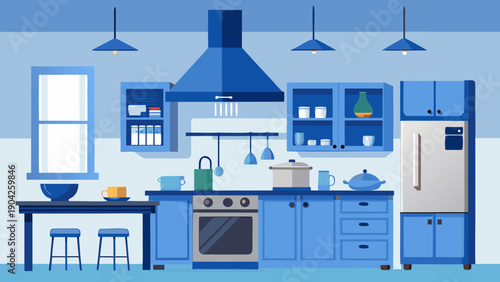 Modern kitchen with sleek appliances and bright blue accents for a fresh ambiance Vector, illustration