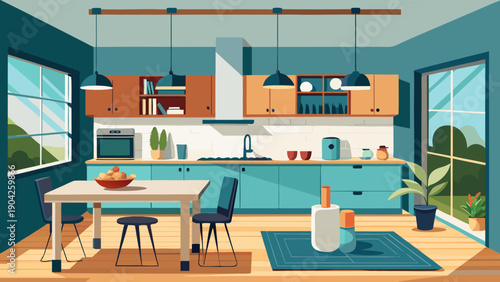 Modern living room with open floor plan and natural lighting Vector, illustration