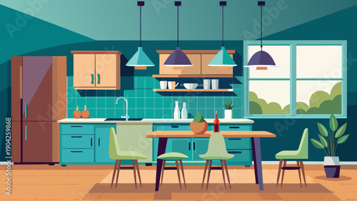 Cozy modern living room with colorful furniture and bookshelf filled with items Vector, illustration