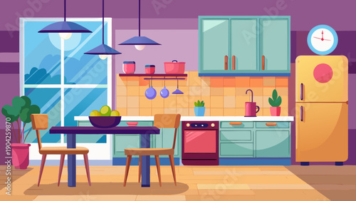 A vibrant and colorful modern kitchen and dining area with stylish furniture and appliances. Vector, illustration
